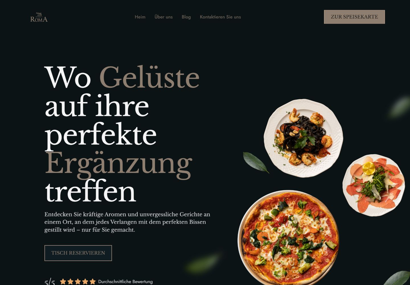 The Ristorante Roma website, featuring food imagery, typography and restaurant navigation.